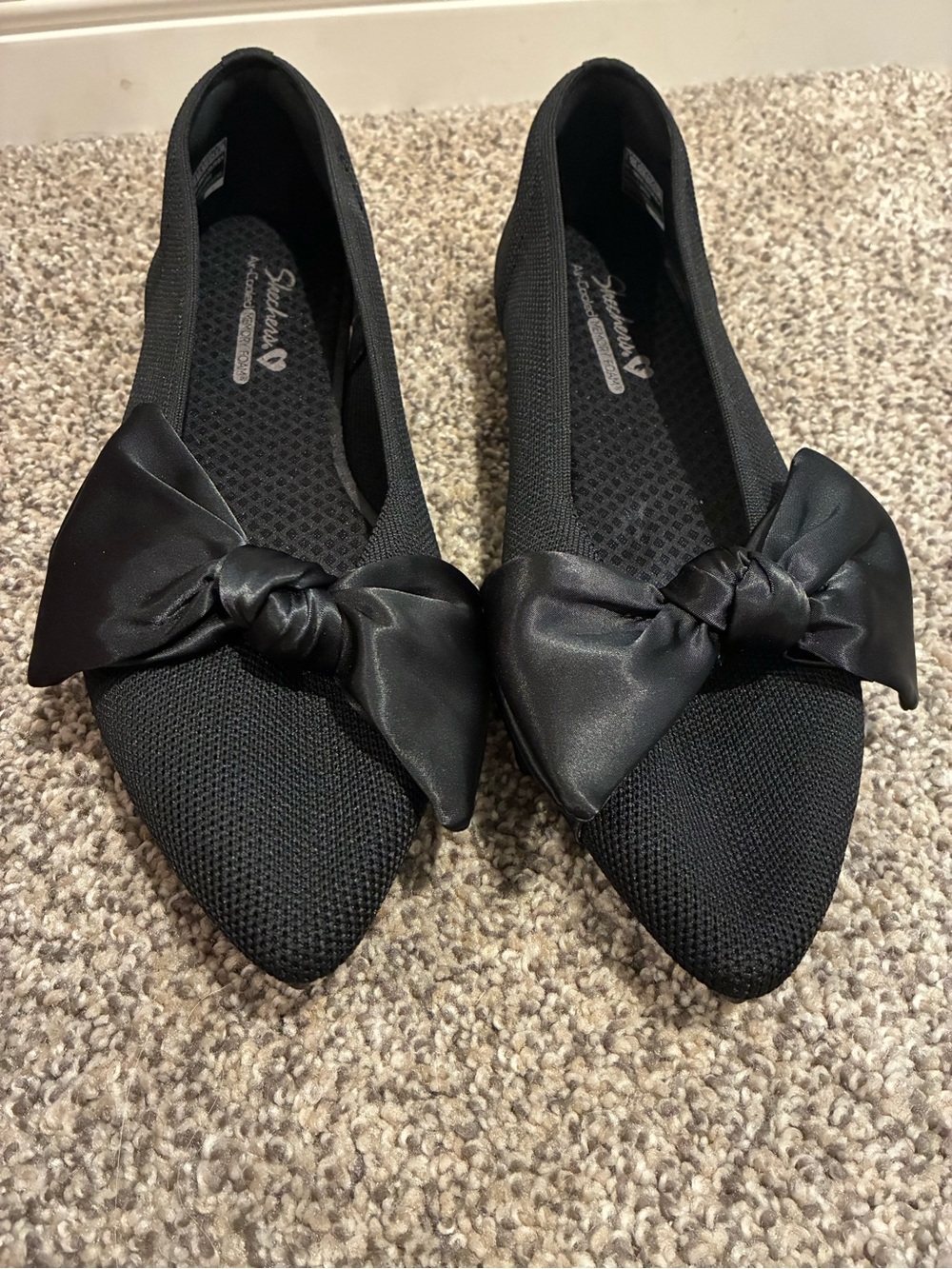 Skechers Black Pointed-Toe Knit Flats with Satin Bow